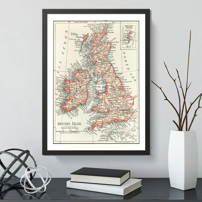 Cuadro Mapas Del Mundo Mapamundi Cartografia Vintage Arte Mapa Histórico Islas Británicas 1900 Con Marco Negro