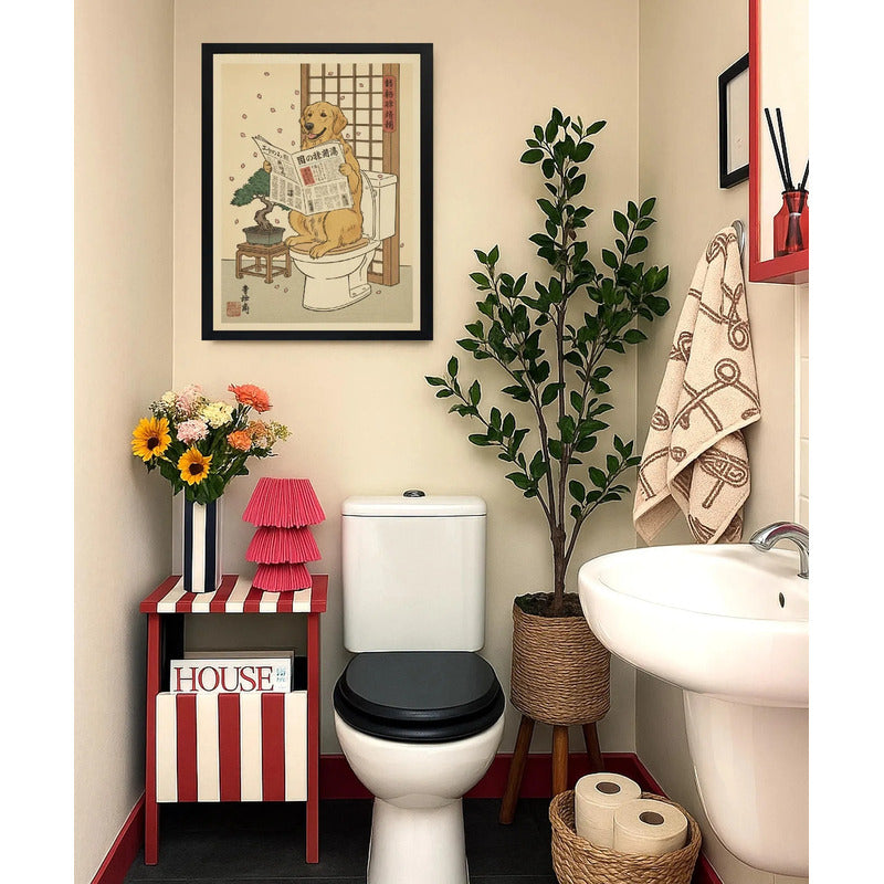 Cuadro Bano Perro Labrador Flores Cerezo Japón Decoracion Marco Negro