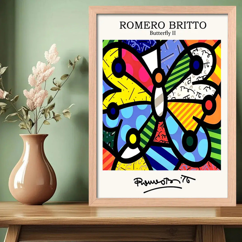 Cuadro Romero Britto Pop Art La Mariposa Butterfly Marco Oak Marco Marrón Claro