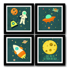 Set 4 Cuadros Astronauta Luna Infantil Dormitorio Decoracion Marco Negro