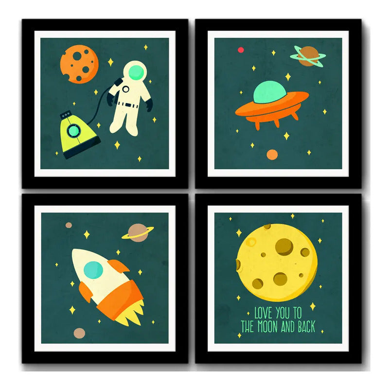 Set 4 Cuadros Astronauta Luna Infantil Dormitorio Decoracion Marco Negro