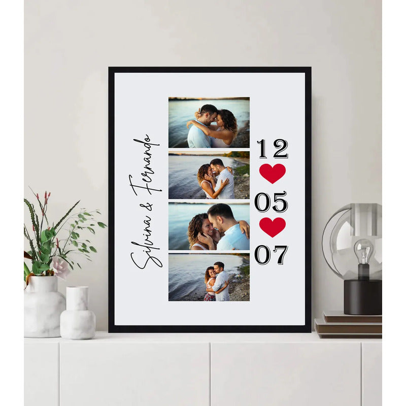 Cuadro Personalizado 4 Fotos Amor Pareja Fecha Nombres Love Marco Negro