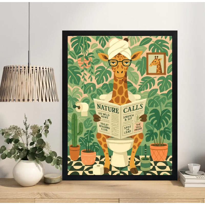 Cuadro Bano Jirafa Inodoro Boho Plantas Hojas Art Decoracion Marco Negro