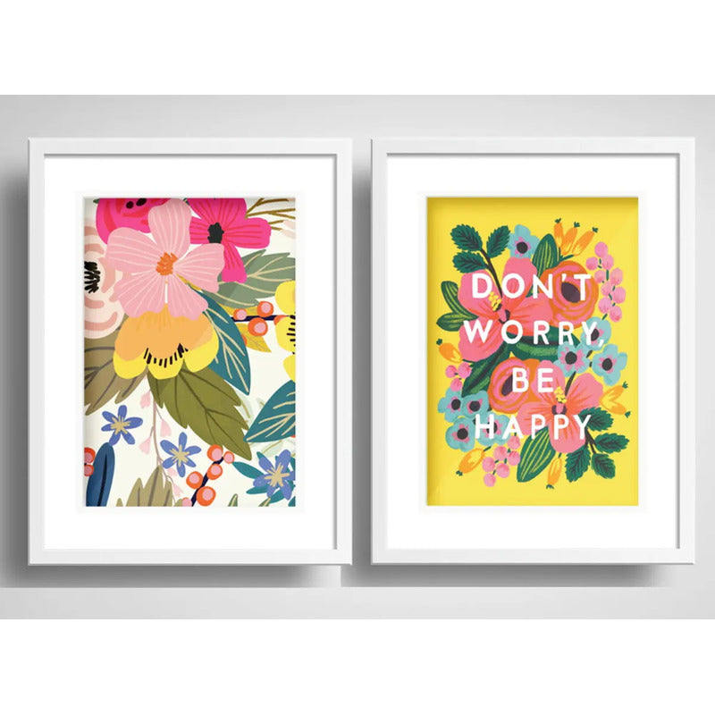 Set 2 Cuadros Flores Pop Art Frase Don't Worry Con Paspartú