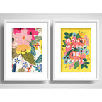 Set 2 Cuadros Flores Pop Art Frase Don't Worry Con Paspartú