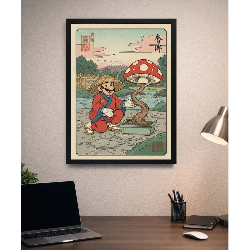 Cuadro Mario Jardinero Hongos Bonsai Cucumelo Japón Game Marco Negro