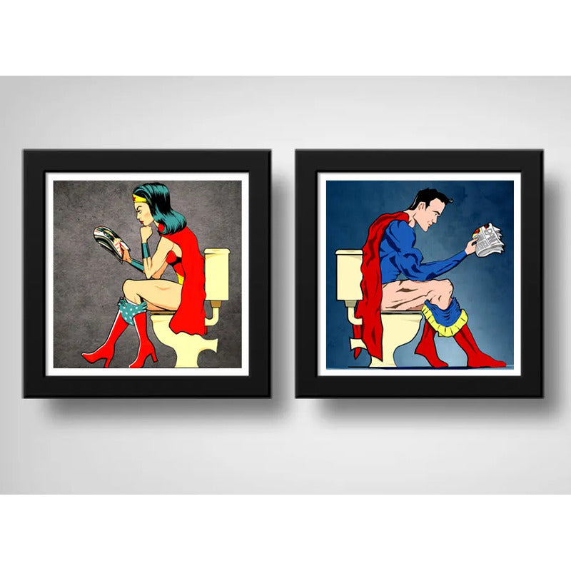 Set 2 Cuadros Superman Mujer Maravilla Baño Héroes Comics