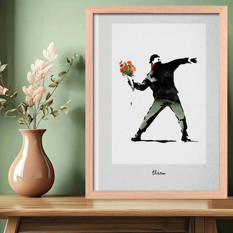 Cuadro Banksy Love Is In The Air Lanza Flores Arte Marco Oak Marco Marrón Claro
