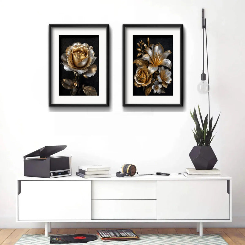 Set 2 Cuadros Flores Tonos Dorados Y Plateados Con Paspartú 53x43cm Cada Cuadro Negro