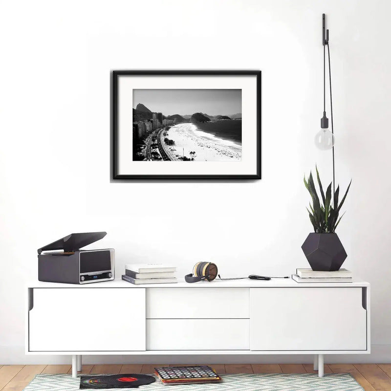 Cuadro Rio De Janeiro Blanco Y Negro B7 53x43cm Con Paspartú Playa De Copacabana Avenida Atlantica Con Marco Negro