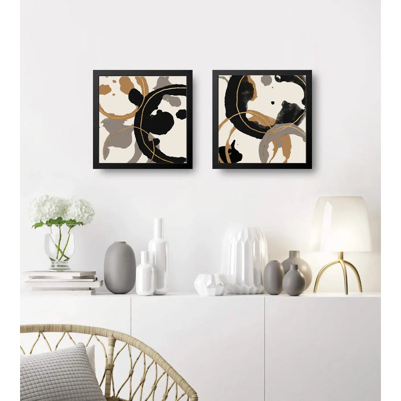 Set 2 Cuadros Living Cocina Café Arte Abstracto Tonos Pastel Marco Negro