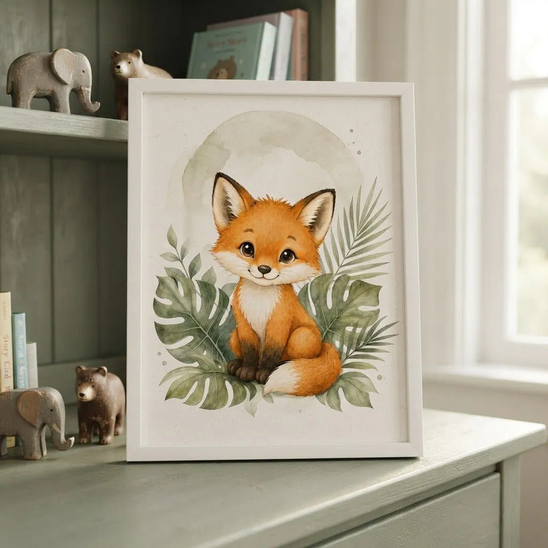 Cuadro Zorro Decoracion Dormitorio Infantil Tonos Suaves Marco Blanco