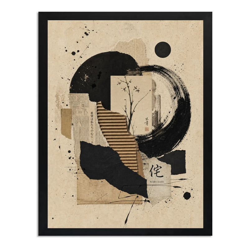 Cuadro Boho Abstracto Arte Japon Beige Negro Decora Living Marco Negro