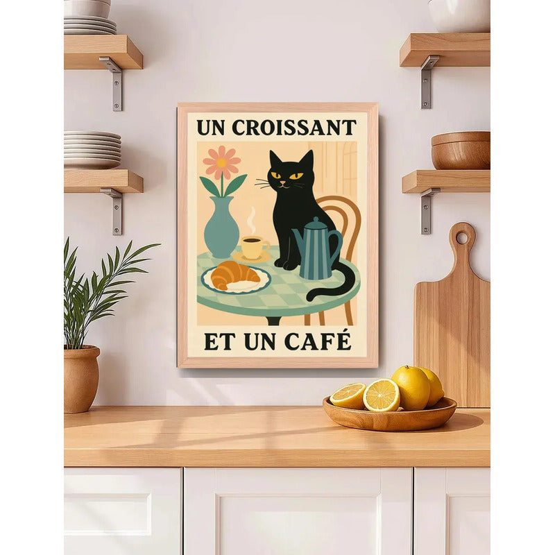 Cuadro Gato Negro Café Croissant Medialuna Gatito Marco Oak Marco Marrón Claro