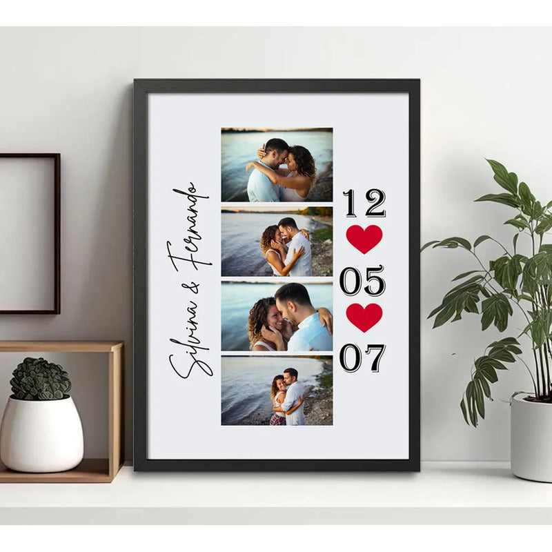 Cuadro Personalizado 4 Fotos Amor Pareja Fecha Nombres Love Marco Negro