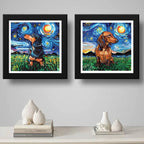 Set 2 Cuadros Salchicha Perro Van Gogh Dachshund Pet 33x33cm Marco Negro
