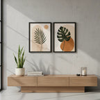 Set 2 Cuadros Living Abstracto Boho Hojas Tonos Beige Neutro Marco Negro