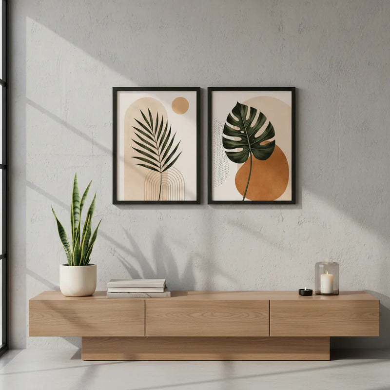 Set 2 Cuadros Living Abstracto Boho Hojas Tonos Beige Neutro Marco Negro