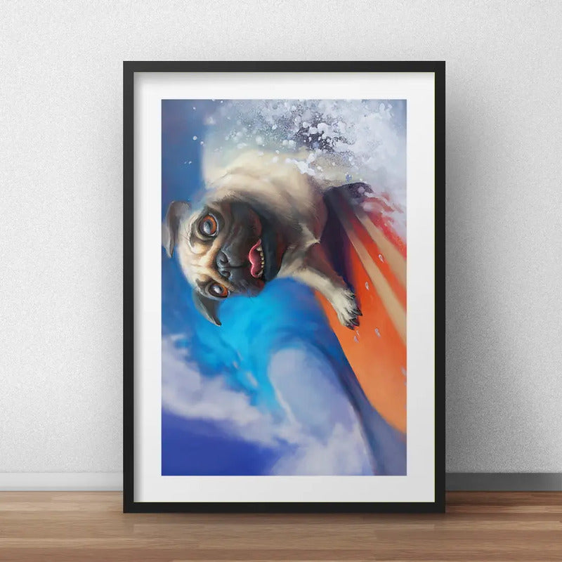 Cuadro Pug Surfe Playa Perro Mascota Decoracion Con Paspartú Marco Negro