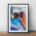 Cuadro Pug Surfe Playa Perro Mascota Decoracion Con Paspartú Marco Negro