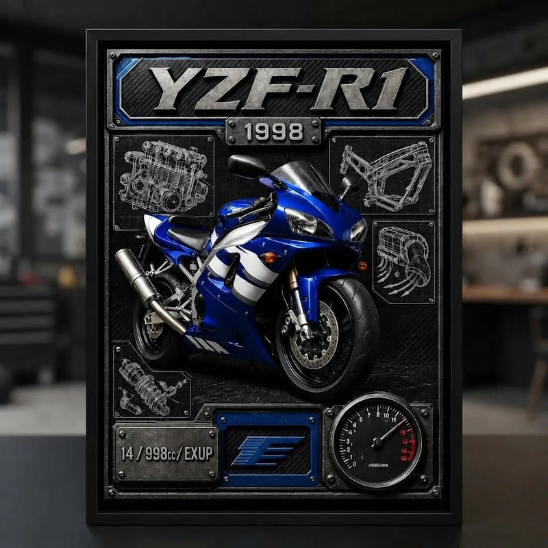 Cuadro Yamaha Yzf R1 Moto Icónico Detalles Specs Efecto 3d Marco Negro