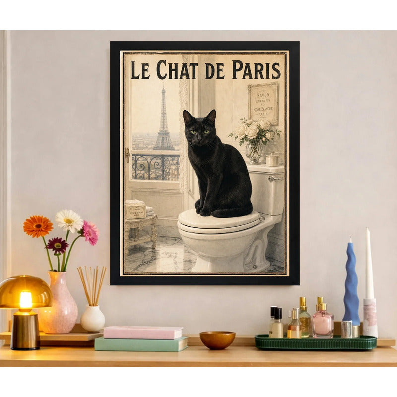 Cuadro Baño Le Chat Noir Paris Torre Eiffel Gato Negro Arte Marco Negro
