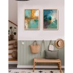 Set 2 Cuadros Dormitorio Living Abstracto Verde Azulado Ocre Marco Marrón Claro