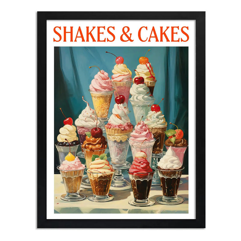 Cuadro Shakes & Cakes Copas Helado Retro Bake Chef Cocina Marco Negro