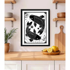 Cuadro Koi Peces Armonía Yin Yang Blanco Y Negro Decoracion Marco Negro