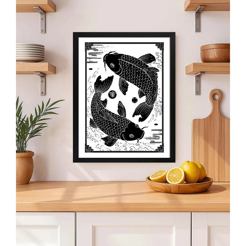 Cuadro Koi Peces Armonía Yin Yang Blanco Y Negro Decoracion Marco Negro