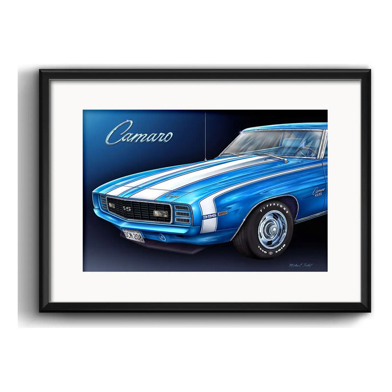 Cuadro Autos Antiguos Modelos Marcas Retro Arte Con Paspartu Chevrolet Camaro Ss 396 Azul Con Marco Negro