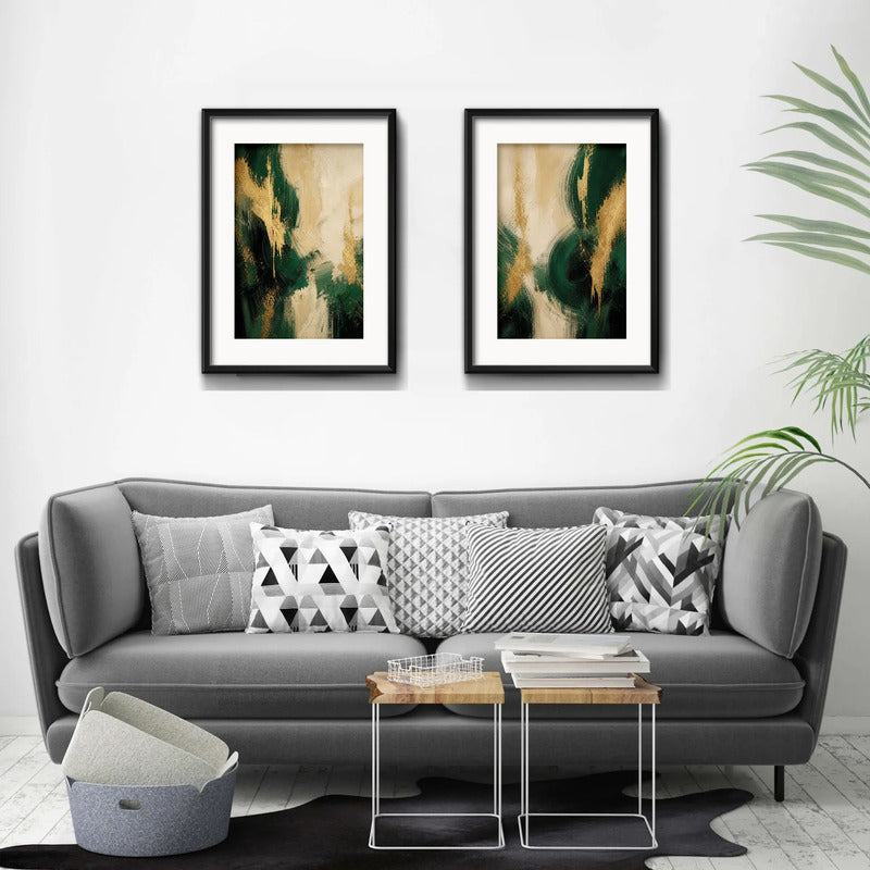 Set 2 Cuadros Boho Arte Abstracto Verde Beige Con Paspartu 55x43cm Cada Cuadro Negro