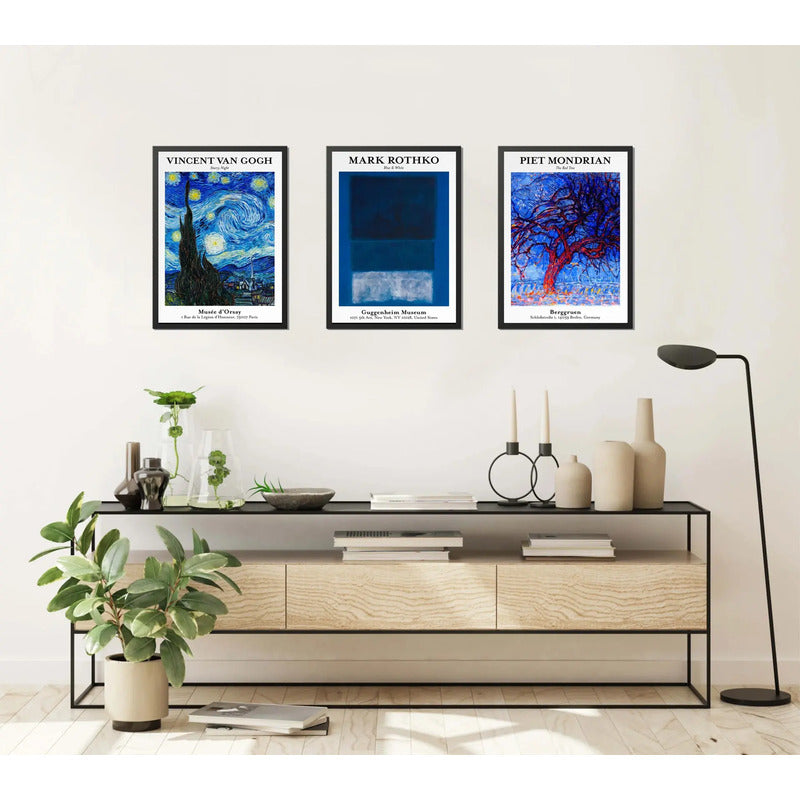 Set 3 Cuadros Van Gogh Mark Rothko Piet Mondrian Arte Azul La Noche Estrellada Blue White El Árbol Rojo Con Marco Negro