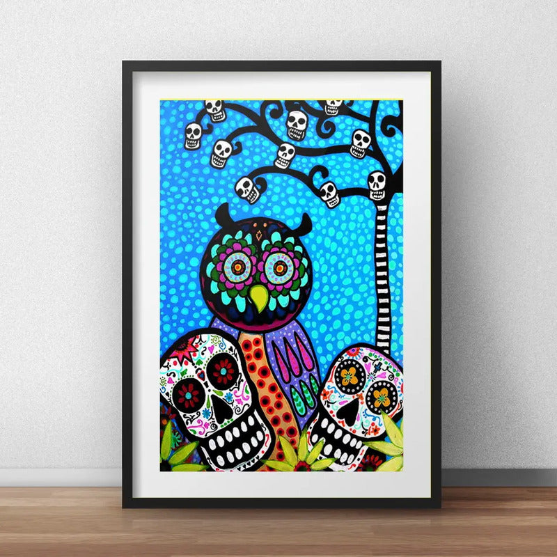 Cuadro Búho Calaveras Mexicanas Arte Decoracion Con Paspartú Marco Negro