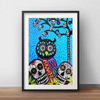 Cuadro Búho Calaveras Mexicanas Arte Decoracion Con Paspartú Marco Negro