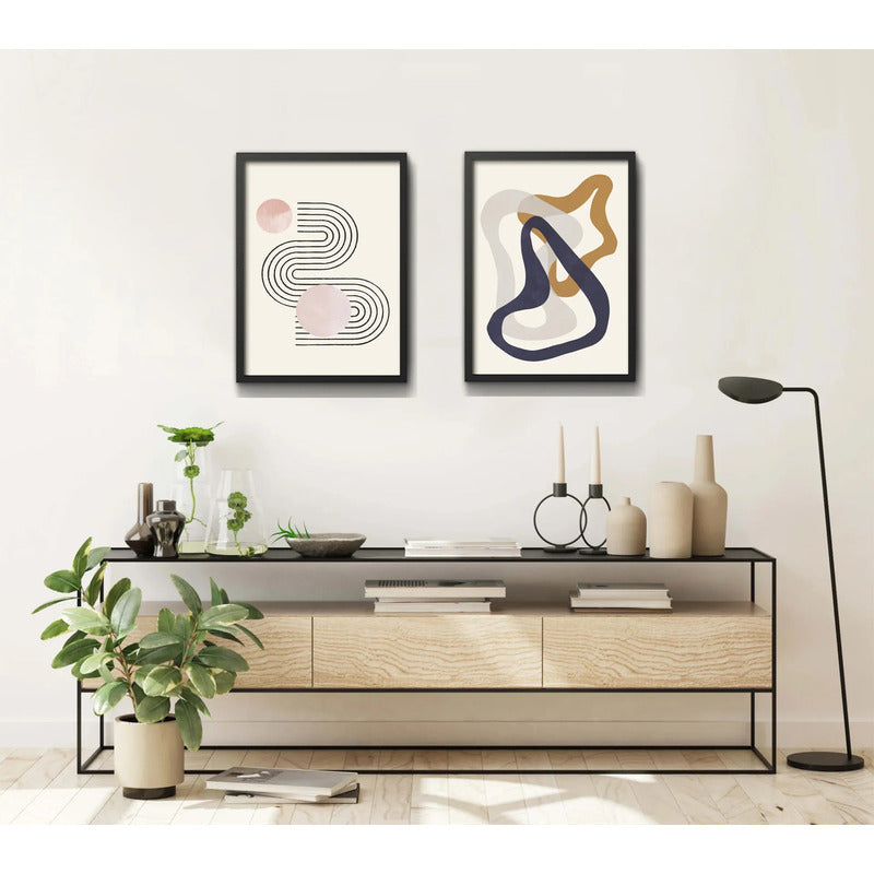 Set 2 Cuadros Boho Abstracto Duo Líneas Geométricas 53x43cm Marco Negro