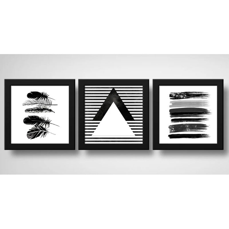 Set 3 Cuadros Geometrico Abstracto Blanco Y Negro Decoracion