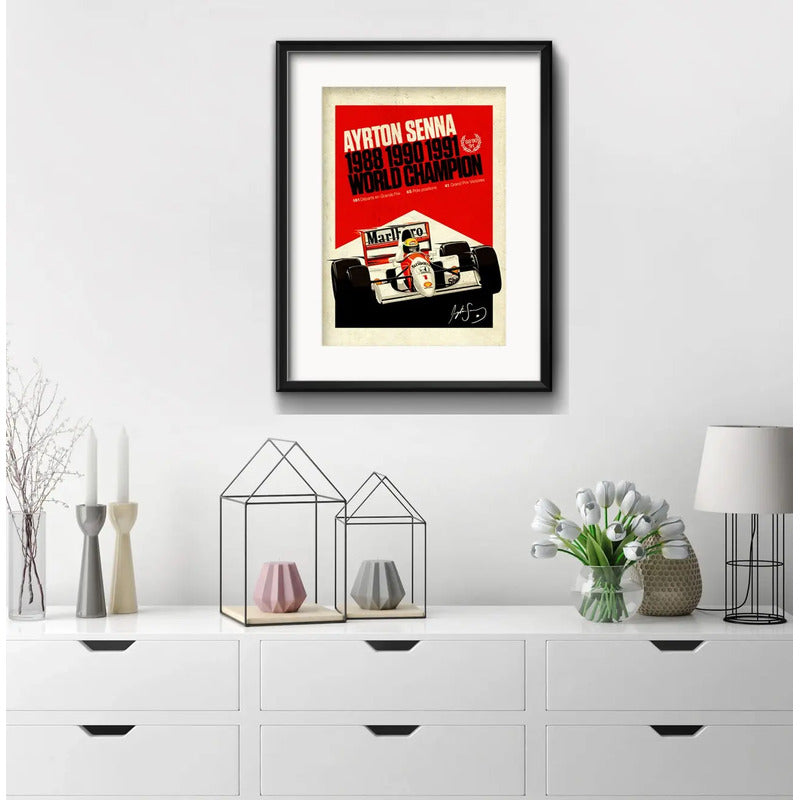 Cuadro Ayrton Senna Formula 1 Carrera 53x43cm Con Paspartu Marco Negro