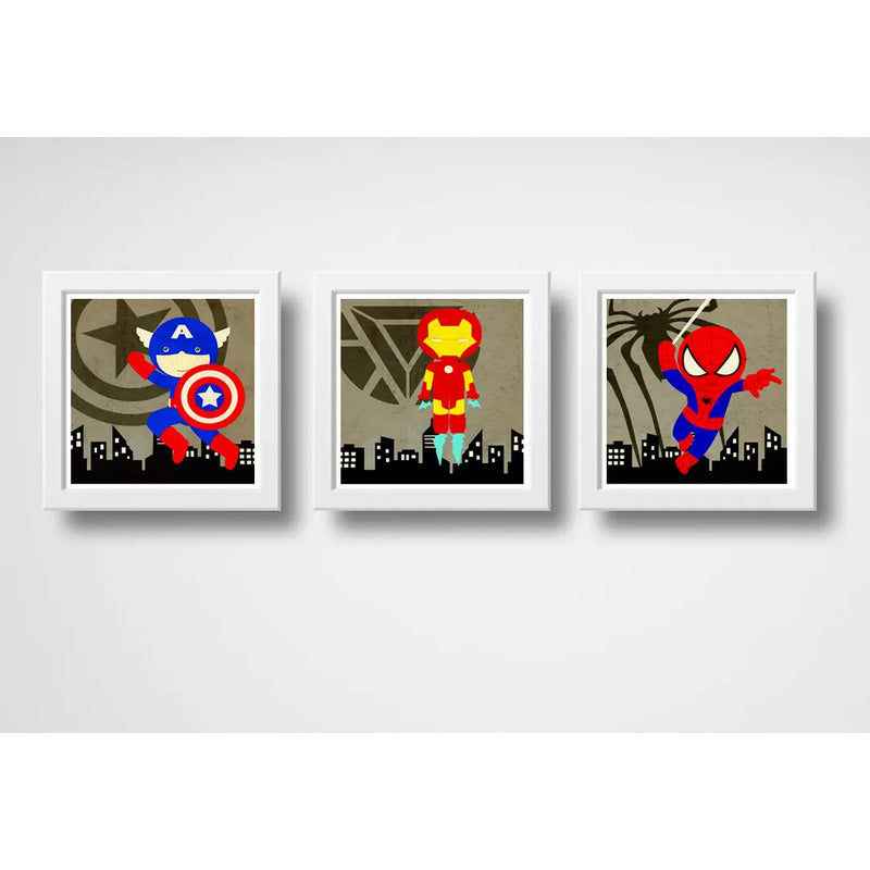 Set 3 Cuadros Heroes Kids Capitan America Iron Man Spiderman