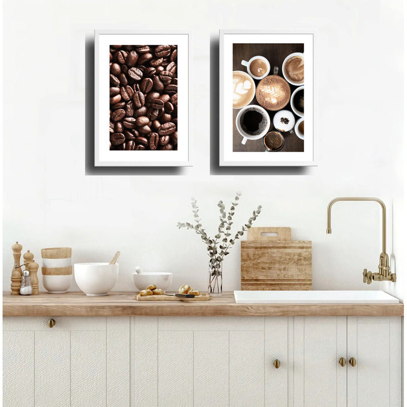 Set 2 Cuadros Café Tipos Grano Recetas Bebidas Coffee Cocina Marco Blanco