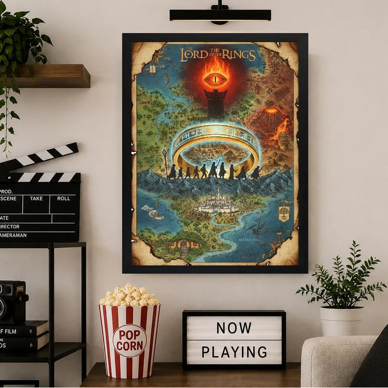 Cuadro El Señor De Los Anillos Pelicula Mapa Medieval Retro Marco Negro