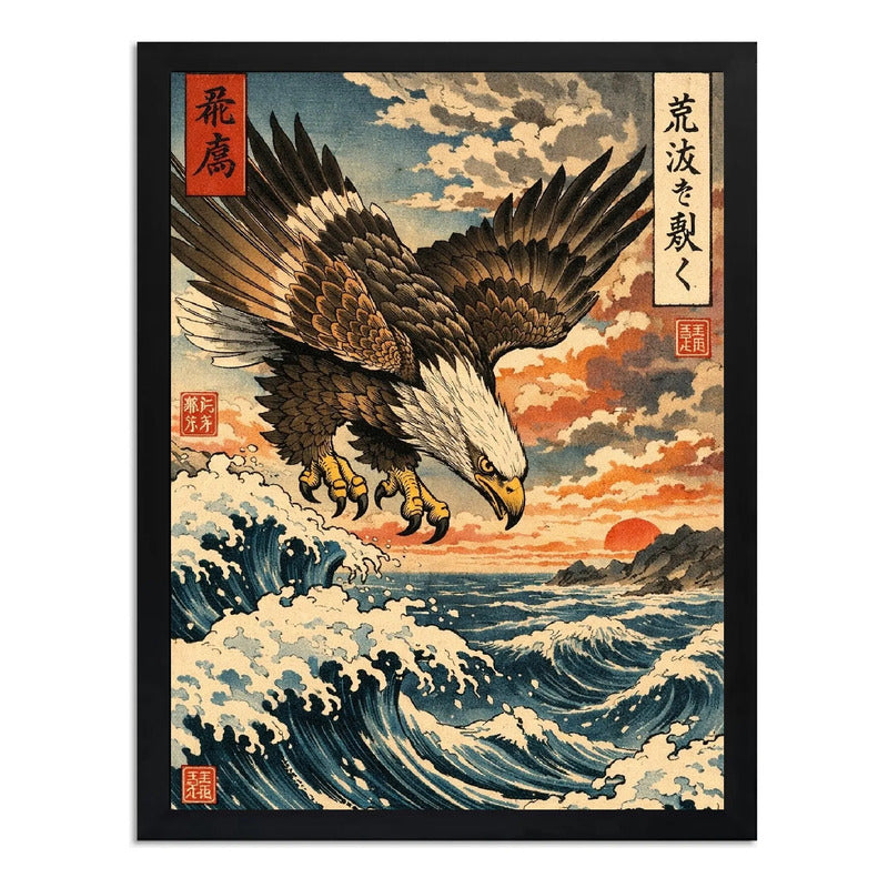 Cuadro Águila Volando Ola Kanagawa Japón Arte Oriental Marco Negro