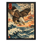Cuadro Águila Volando Ola Kanagawa Japón Arte Oriental Marco Negro