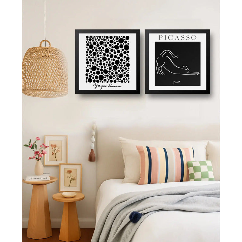 Set 2 Cuadros Yayoi Kusama Picasso Blanco Y Negro 33x33cm Marco Negro