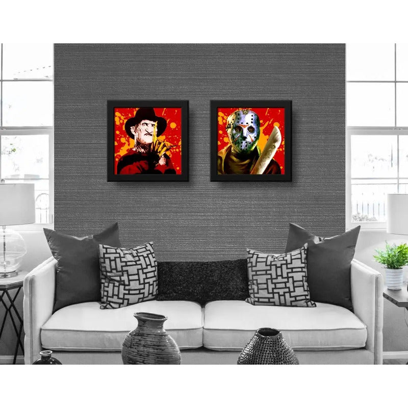 Set 2 Cuadros Freddy Krueger Jason Pelicula Terror - 33x33cm Marco Negro