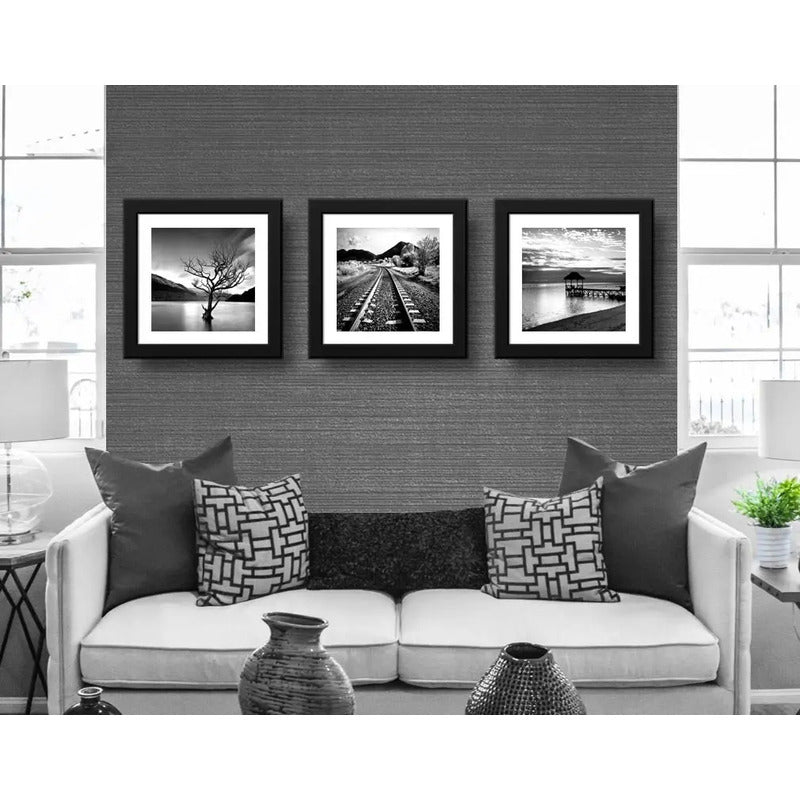 Set 3 Cuadros Paisajes Blanco Y Negro Arból Arte - 33x33cm Marco Negro