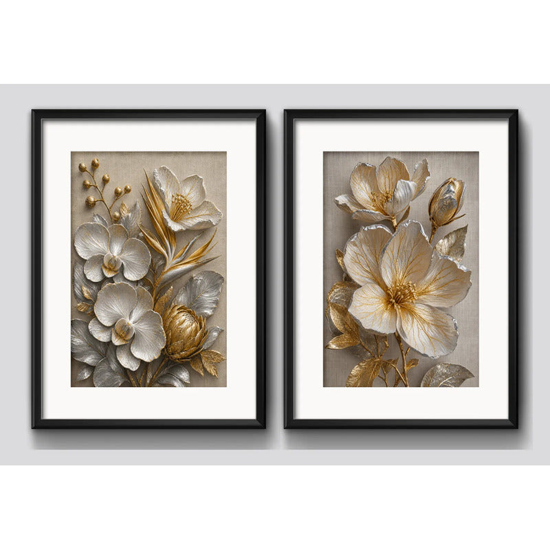 Set 2 Cuadros Flores Blancas Tonos Oro Y Plata Con Paspartú 53x43cm Cada Cuadro Negro