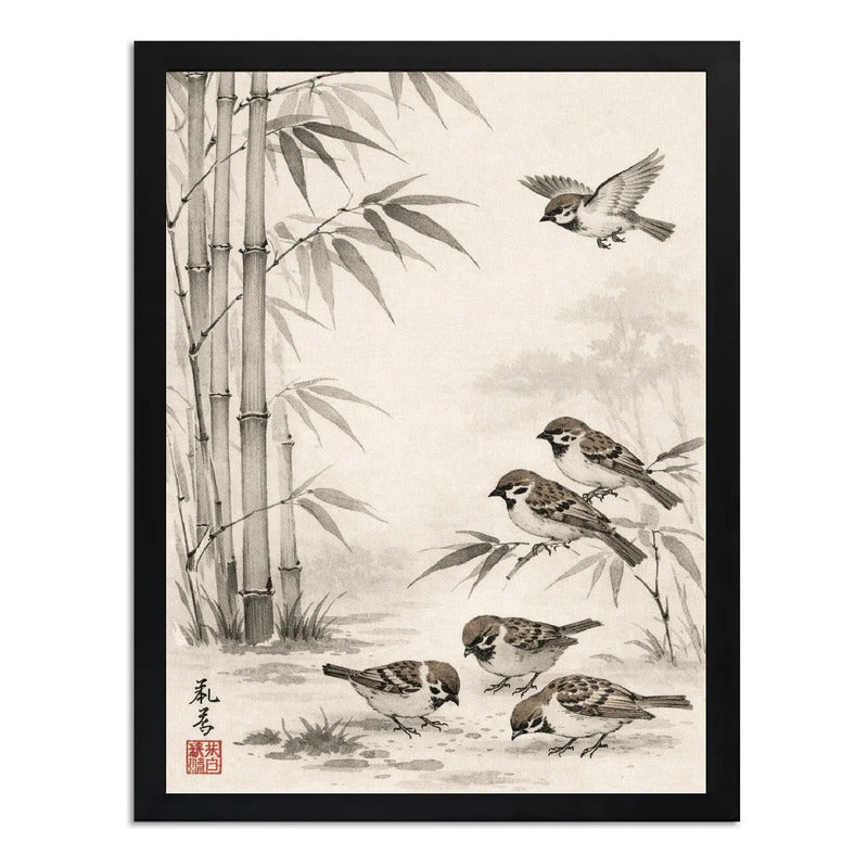 Cuadro Living Gorriónes Bambus Pajaros Japón Arte Vintage Marco Negro