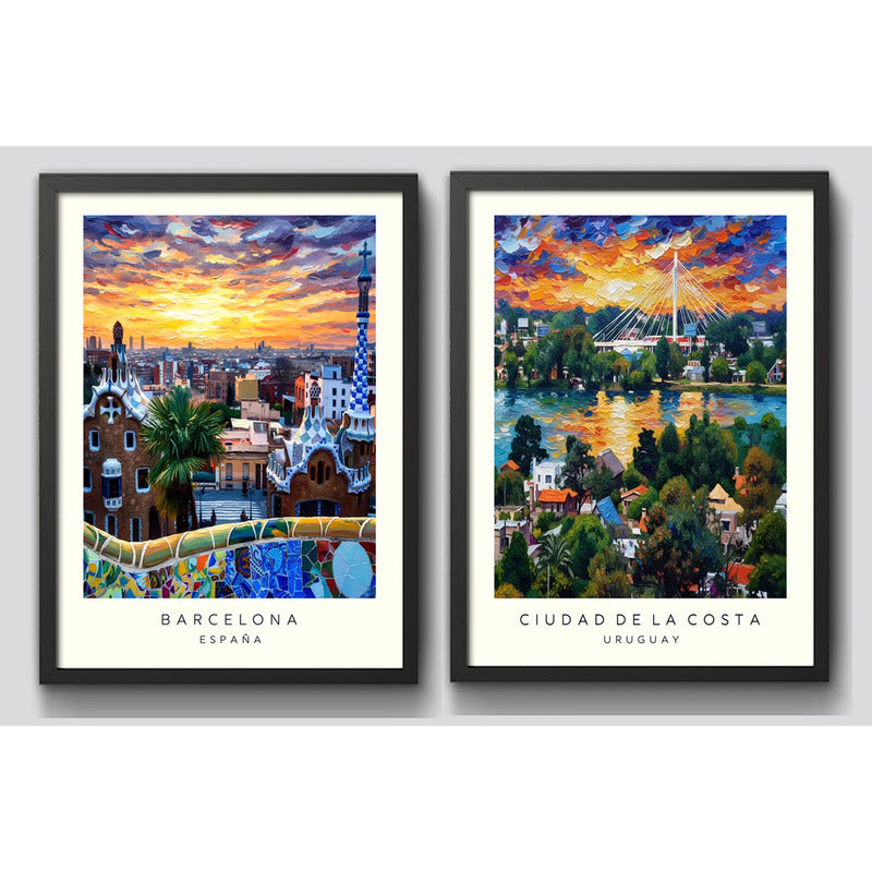 Set 2 Cuadros Barcelona Espana Ciudad De La Costa Uruguay Marco Negro