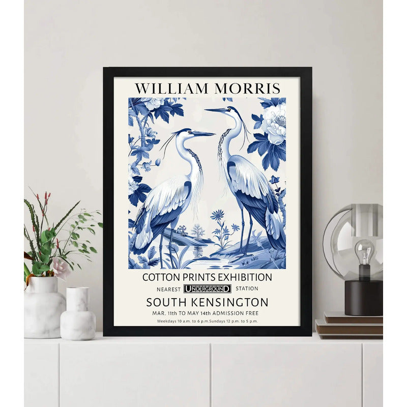 Cuadro Garzas Botanico William Morris En Azul Y Blanco Arte Marco Negro